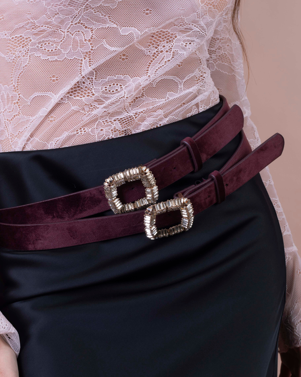 ATENA cintura in velluto burgundy con fibbia gioiello